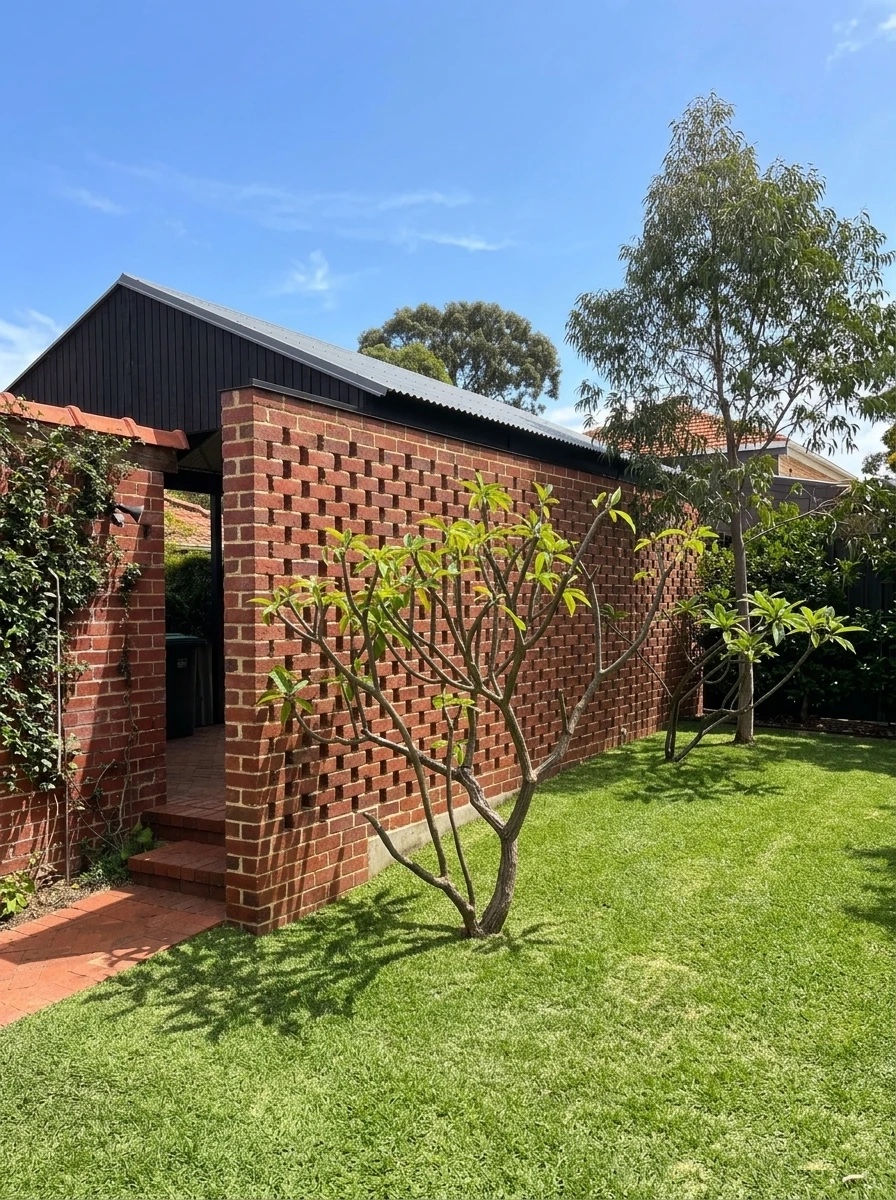 Finished decorative recessed brick screen wall with timber gable roofline